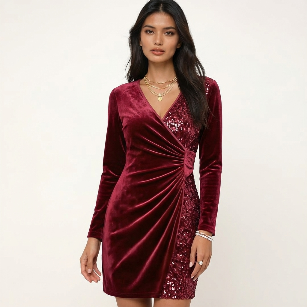 Long Sleeve Slim Shiny Short Dress